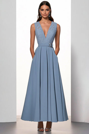 Grey Blue V-Neck A Line Satin Long Work Dress with Lace